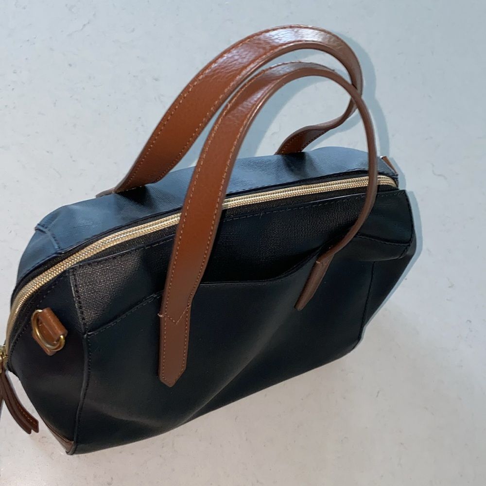 Fossil Satchel Handbag Black Brown Two Tone Dome Bag Gold Hardware